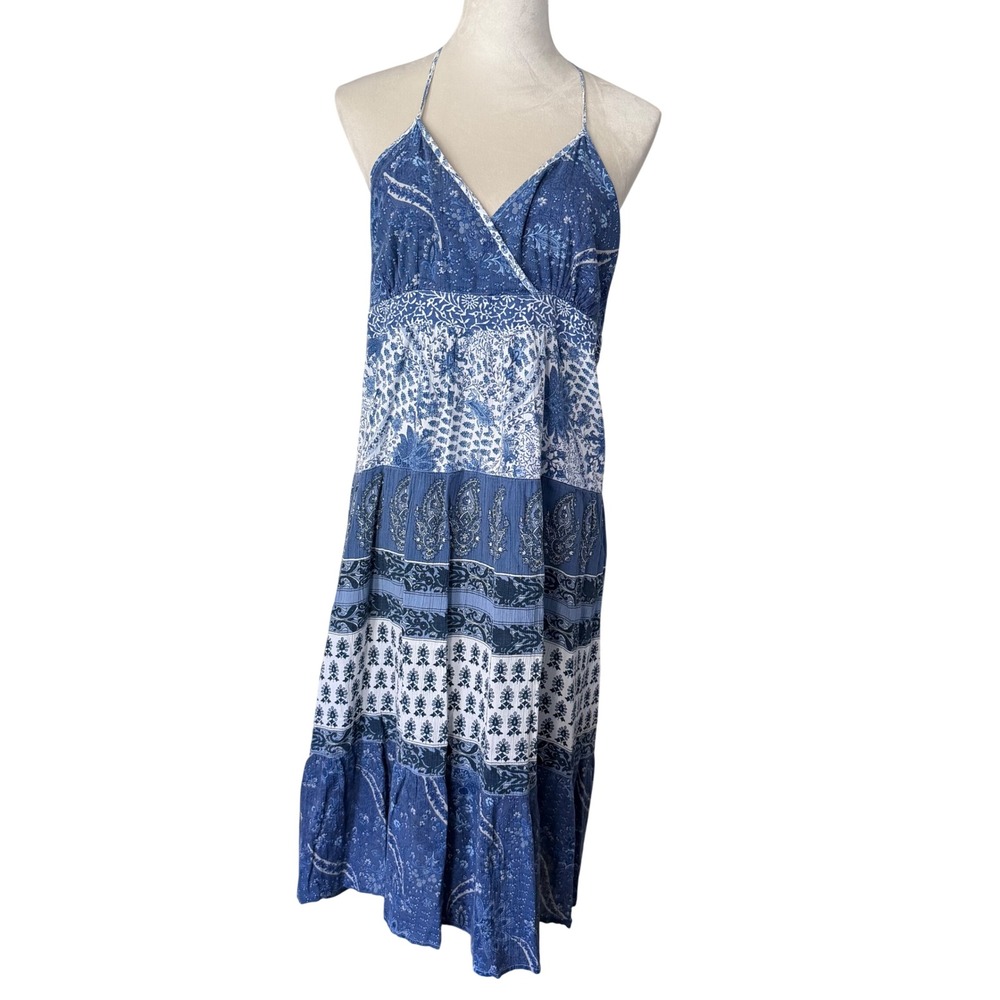 Monsoon Blue Floral Paisley Tiered Cotton Halter Midi Dress Womens US 10 Boho